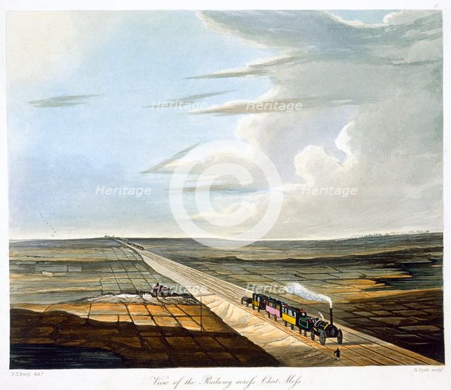 'View of the Railway across Chat Moss', Liverpool and Manchester Railway, 1833. Creator: Henry Pyall.