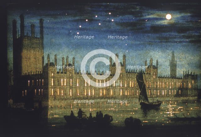 View of the River Thames and Palace of Westminster at night, c1851. Artist: Anon