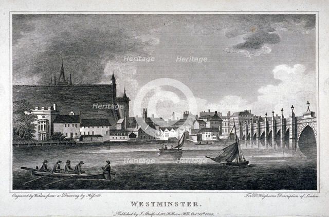 View of the River Thames, Westminster Bridge and the Palace of Westminster, London, 1808. Artist: AW Warren