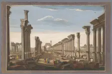View of the ruin of the arch of the colonnade at Palmyra, seen from the west side
, 1745-1794. Creator: Anon