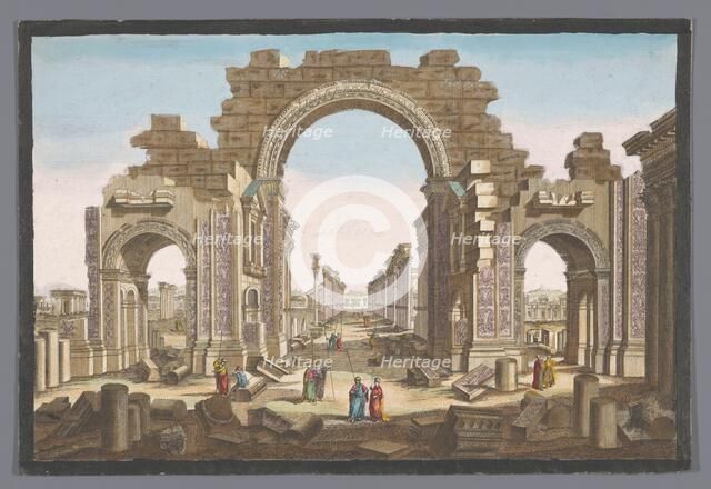 View of the ruin of the arch of the colonnade at Palmyra, seen from the east, 1745-1775. Creator: Anon.