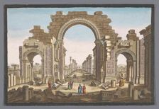 View of the ruin of the arch of the colonnade at Palmyra, seen from the east, 1745-1775. Creator: Anon