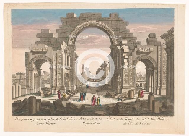 View of the ruin of the arch of the colonnade at Palmyra, seen from the east, 1745-1775. Creator: Anon.
