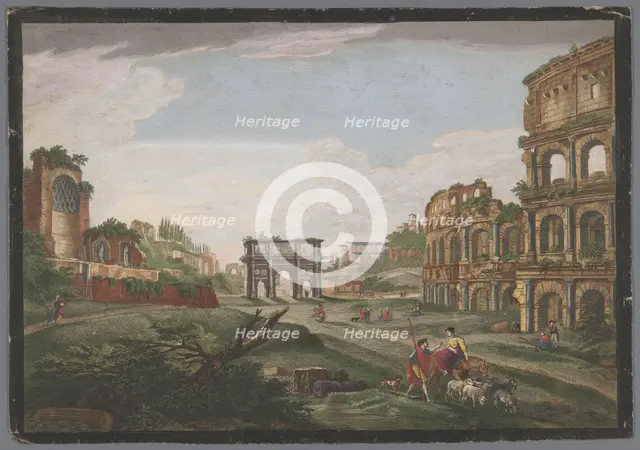 View of the ruins of the Arch of Constantine and the Colosseum in Rome, 1759. Creator: Jean Daullé.