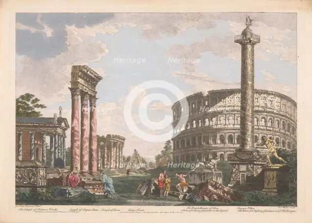 View of the ruins of the temple of Jupiter Stator, the amphitheater of Statilius Taurus..., 1753. Creator: John Miller.