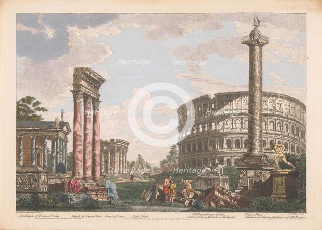 View of the ruins of the temple of Jupiter Stator, the amphitheater of Statilius Taurus..., 1753. Creator: John Miller.