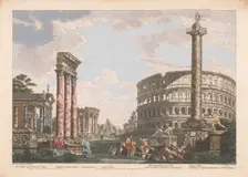 View of the ruins of the temple of Jupiter Stator, the amphitheater of Statilius Taurus..., 1753. Creator: John Miller