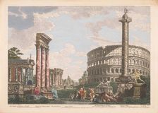 View of the ruins of the temple of Jupiter Stator, the amphitheater of Statilius Taurus..., 1753. Creator: John Miller