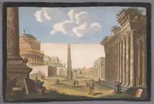 View of the ruins of Trajan's Column, the Arch of Constantine and other monuments..., 1745-1794. Creator: Anon