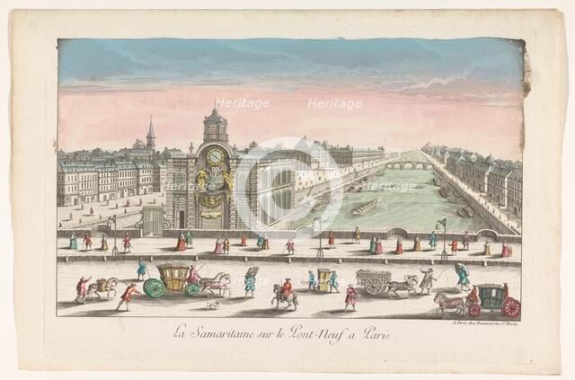 View of the water pump Samaritaine on the ferry Neuf over the Seine River in Paris, 1745-1775. Creator: Anon.