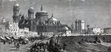 View of the walk along the harbor and cathedral of the city of Cadiz, engraving, 1886