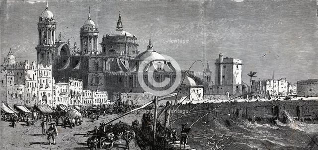 View of the walk along the harbor and cathedral of the city of Cadiz, engraving, 1886.