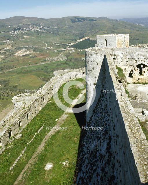 View of the walls, Krak des Chevaliers, Syria, 2001.  Creator: LTL.