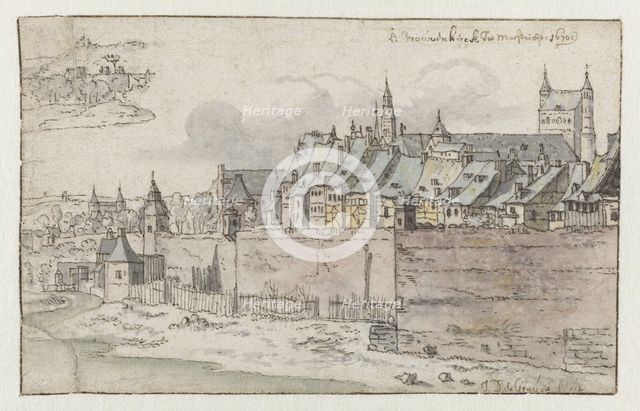 View of the Walls of Maastricht with the Onze-Lieve-Vrouwekerk in the background, 1670. Creator: Josua de Grave.