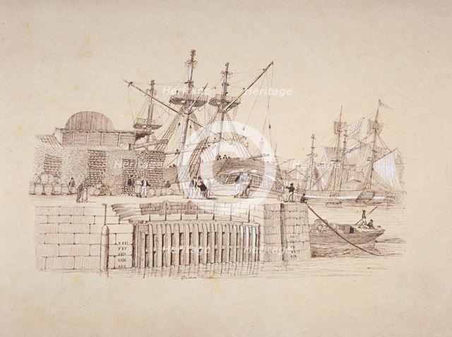 View of the Wapping entrance and south quay of London Docks, c1824. Artist: Henry Moses