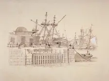 View of the Wapping entrance and south quay of London Docks, c1824. Artist: Henry Moses