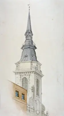 View of the tower and spire of St Martin within Ludgate, City of London, 1840. Artist: Anon