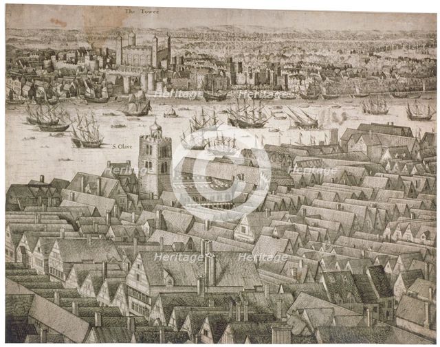View of the Tower of London from the south with boats on the River Thames, 1647. Artist: Anon