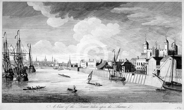 View of the Tower of London with boats and passengers on the River Thames, 1751. Artist: John Boydell