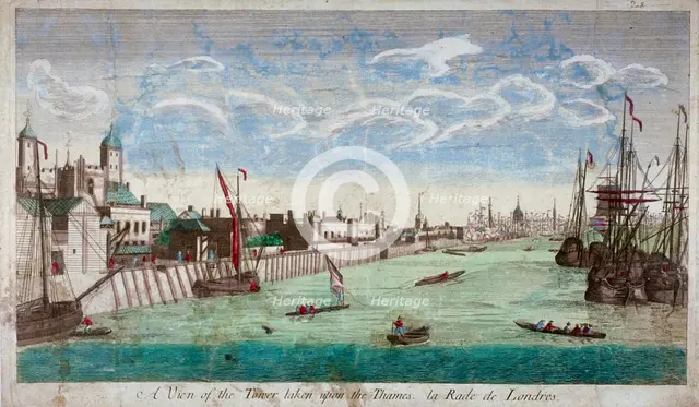 View of the Tower of London with boats on the River Thames, 1751. Artist: John Boydell