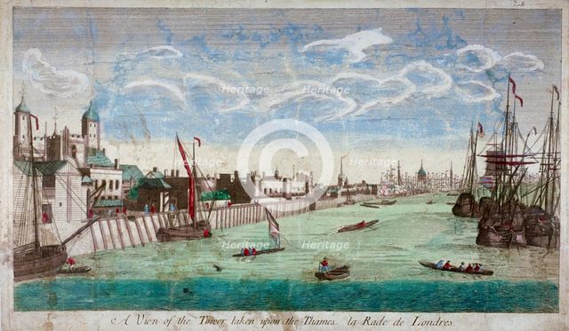 View of the Tower of London with boats on the River Thames, 1751. Artist: John Boydell