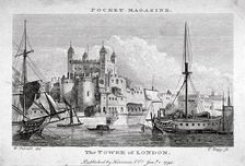 View of the Tower of London with boats on the River Thames, 1795. Artist: Thomas Tagg