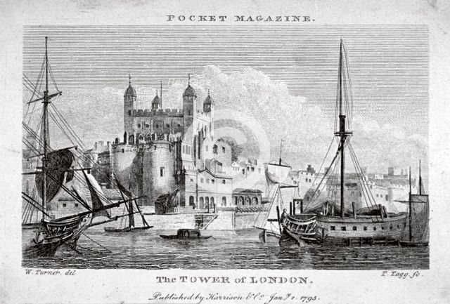 View of the Tower of London with boats on the River Thames, 1795. Artist: Thomas Tagg