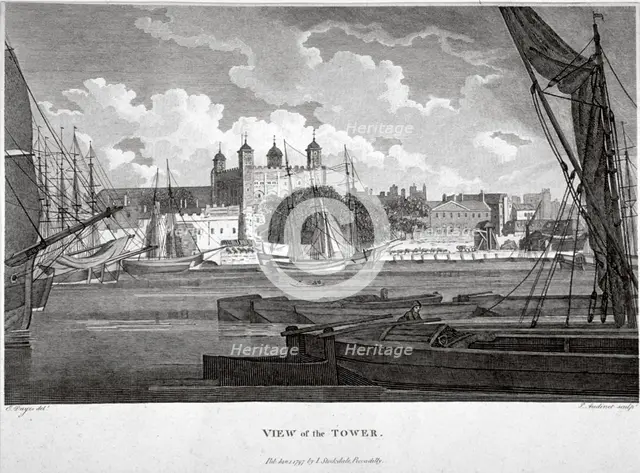 View of the Tower of London with boats on the River Thames, c1790. Artist: Philip Audinet