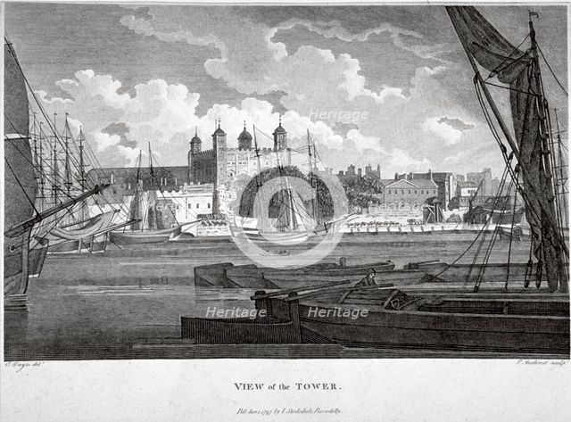 View of the Tower of London with boats on the River Thames, c1790. Artist: Philip Audinet