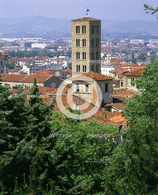 View of the tower of Santa Maria Campanile, Arezzo, Tuscany, Italy.