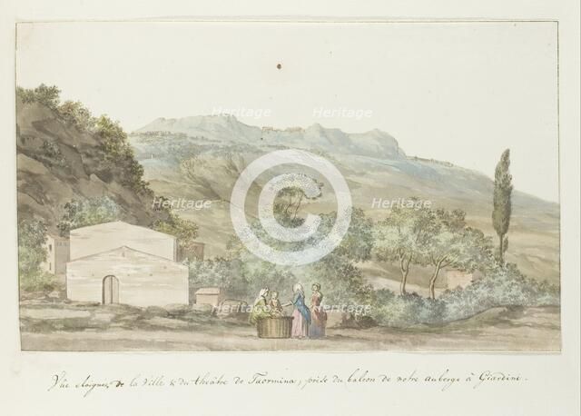 View of the town and theater of Taormina from the balcony of the inn at Giardini, 1778. Creator: Louis Ducros.