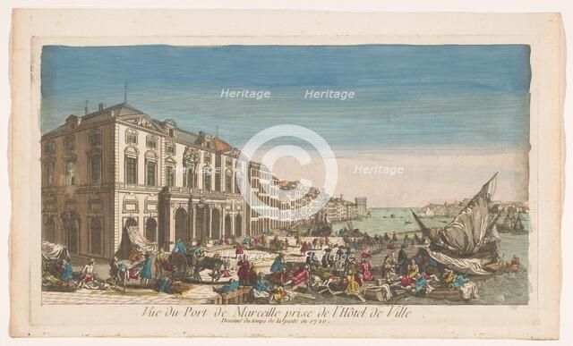 View of the town hall and the harbor in Marseille with victims struck by the plague..., 1720-1799. Creator: Anon.