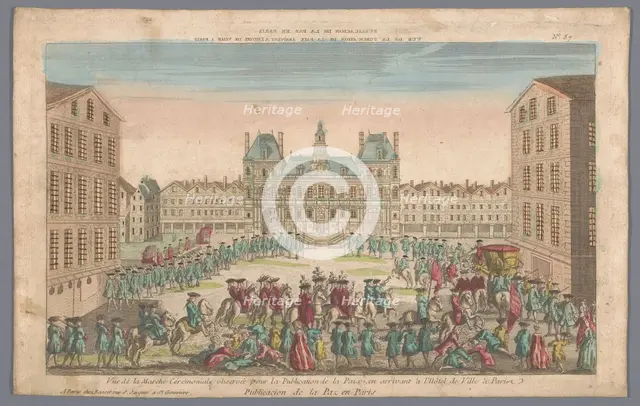 View of the Town Hall in Paris with a procession proclaiming peace, 1700-1799. Creator: Anon.
