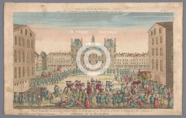 View of the Town Hall in Paris with a procession proclaiming peace, 1700-1799. Creator: Anon.