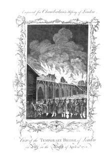 View of the Temporary Bridge of London on Fire...1758. c1770. Artist: Charles Grignion