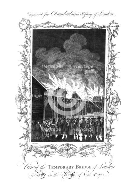 'View of the Temporary Bridge of London on Fire...1758.', c1770. Artist: Charles Grignion.