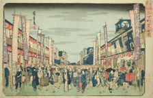 View of the Theaters in Nichomachi (Nichomachi shibai no zu), from the series "Famous...,c. 1832/38. Creator: Ando Hiroshige