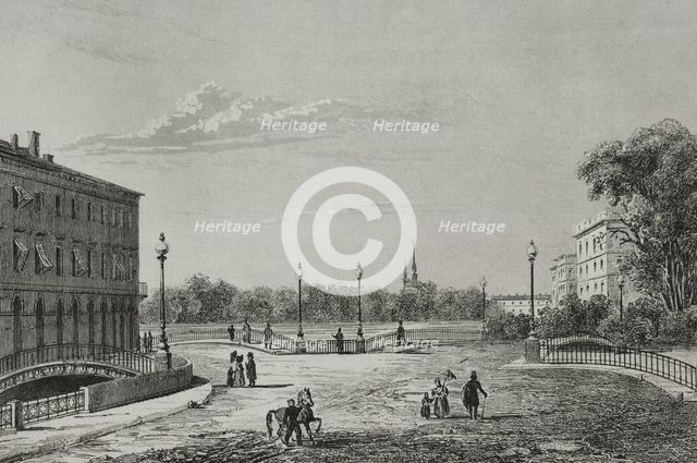 View of the Three Arches Bridge and the Field of Mars, Saint Petersburg, Russia, 1839. Creator: Augustin François Lemaitre.