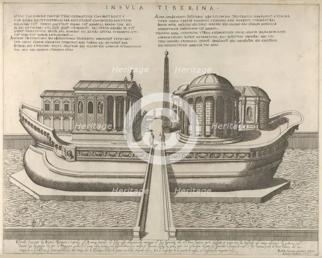View of the Tiber Island represented as a ship, the Temple of Aesculapius at left, 1582., 1582. Creator: Giovanni Ambrogio Brambilla.
