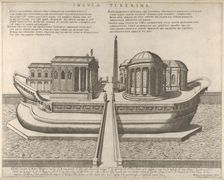 View of the Tiber Island represented as a ship, the Temple of Aesculapius at left, 1582., 1582. Creator: Giovanni Ambrogio Brambilla