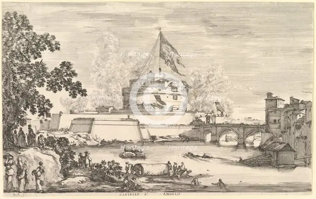 View of the Tiber river, a large tree to left, two groups of women to left in the fore..., ca. 1656. Creator: Stefano della Bella.