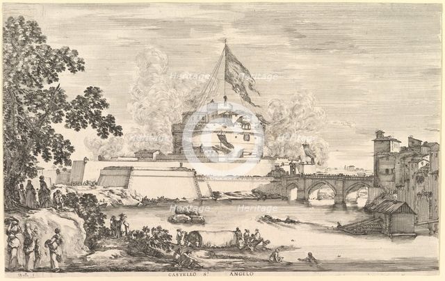 View of the Tiber river, a large tree to left, two groups of women to left in the fore..., ca. 1656. Creator: Stefano della Bella.