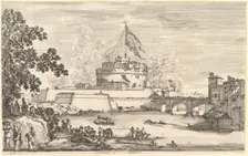 View of the Tiber river, a large tree to left, two groups of women to left in the fore..., ca. 1656. Creator: Stefano della Bella