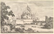 View of the Tiber river, a large tree to left, two groups of women to left in the fore..., ca. 1656. Creator: Stefano della Bella