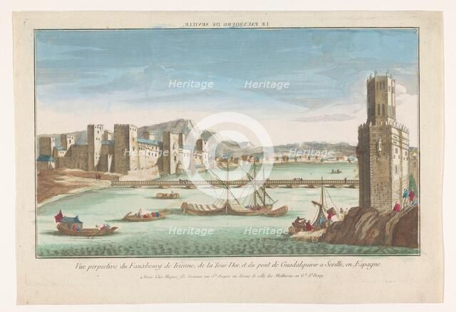 View of the Triana district, a bridge over the river Guadalquivir and the Torre del Oro...1735-1805. Creator: Unknown.
