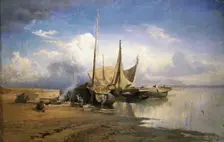 View of the Volga. Boats, 1870. Artist: Vasilyev, Fyodor Alexandrovich (1850-1873)