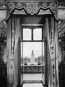 View of the Victoria Monument from inside Buckingham Palace, London, 1935