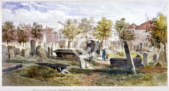 View of tombs and memorial stones in Bunhill Fields, Finsbury, Islington, London, 1866.              Artist: Anon