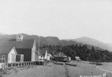 View of town and mountains, between c1900 and c1930. Creator: Unknown