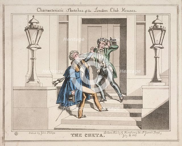 View of two drunken revellers on the steps of Crockford's Club, London, 1829. Artist: John Phillips